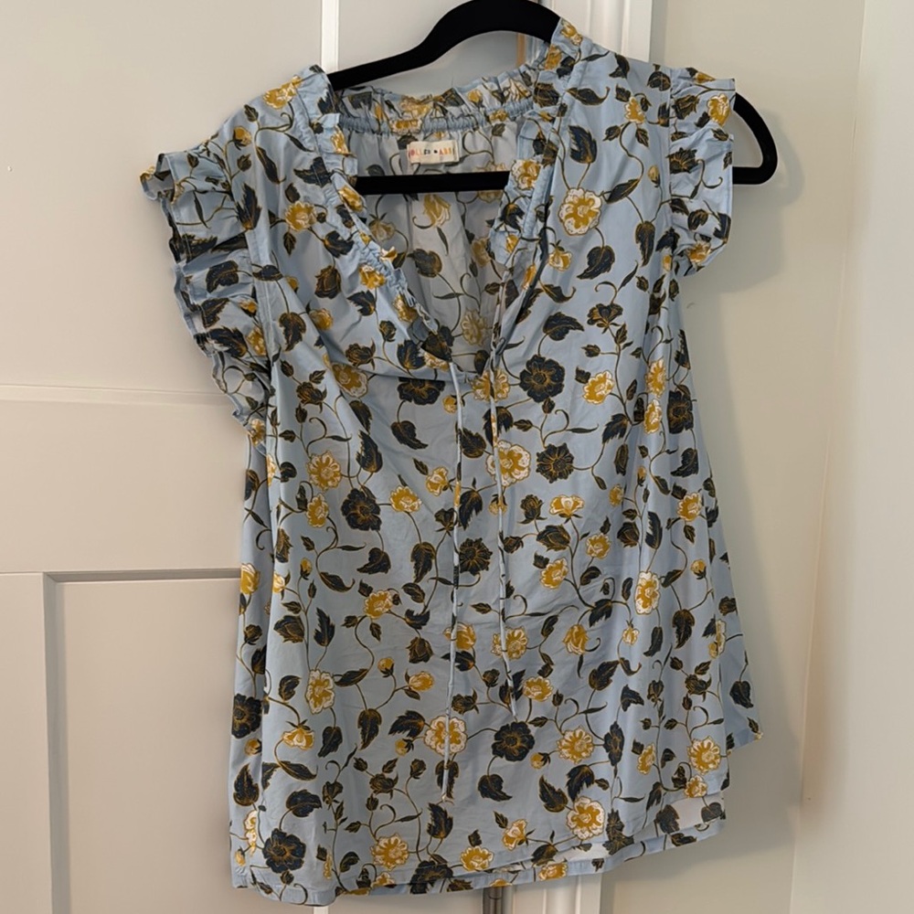 Roller Rabbit Blue and Yellow Flutter Sleeve Blouse